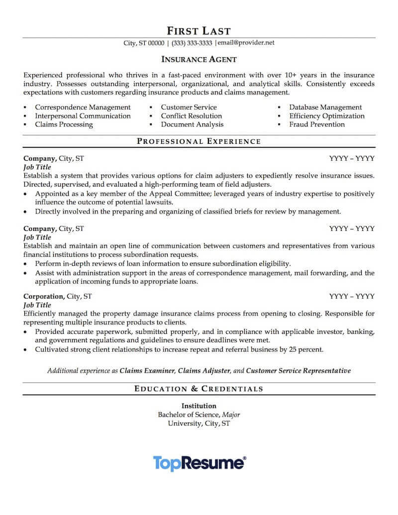resume examples for insurance professionals