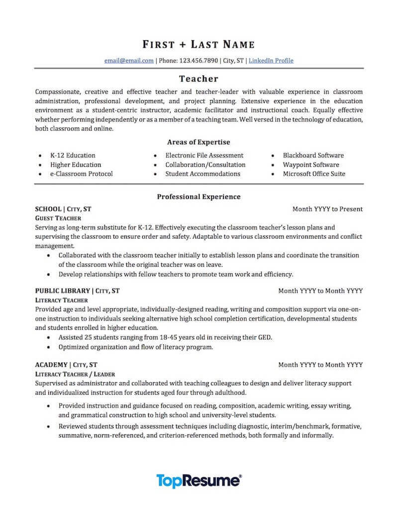 sample resume for teaching profession